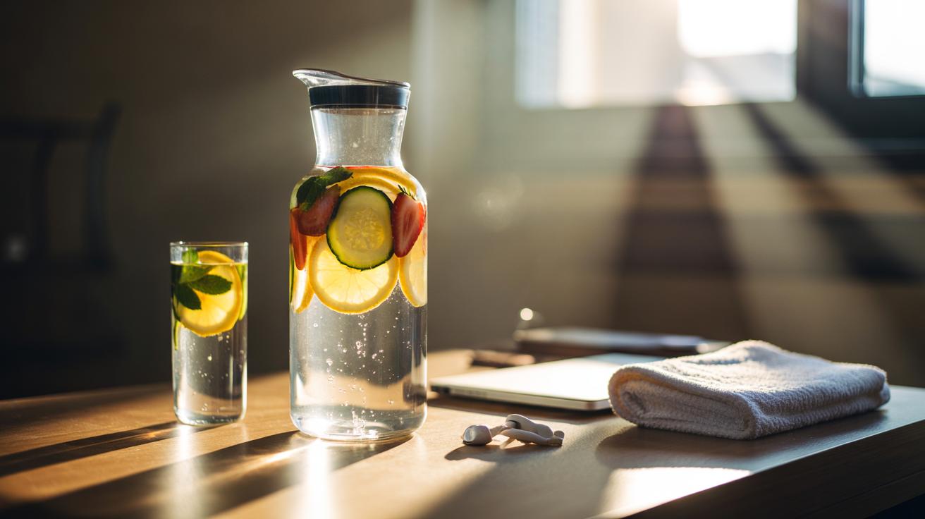 Illustration of a carafe and glass of fruit-infused water with lemon slices, berries, and fresh mint