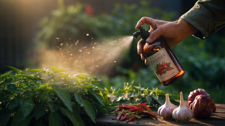 Illustration of a homemade garlic and chilli spray being applied to garden plants to deter insects, with sulphur compounds creating a no-go zone
