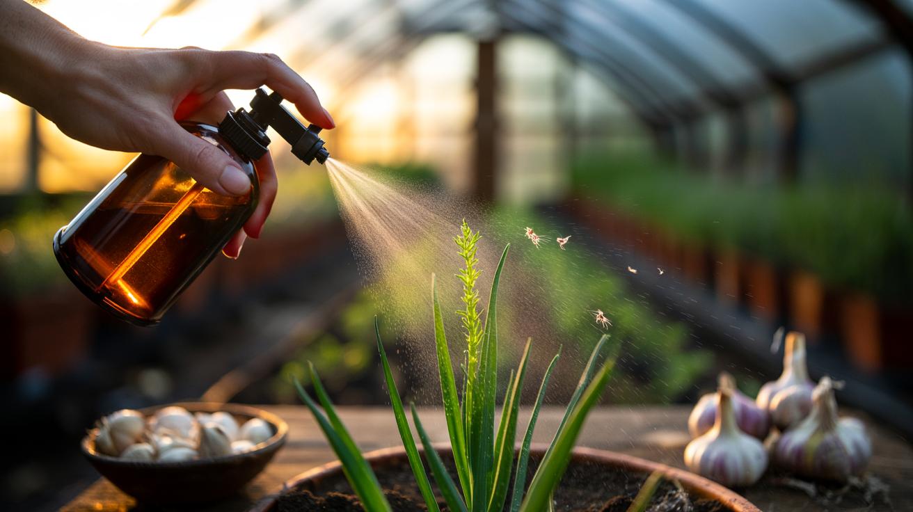 Illustration of a gardener applying a garlic-water spray to tender new growth to deter aphids and whitefly