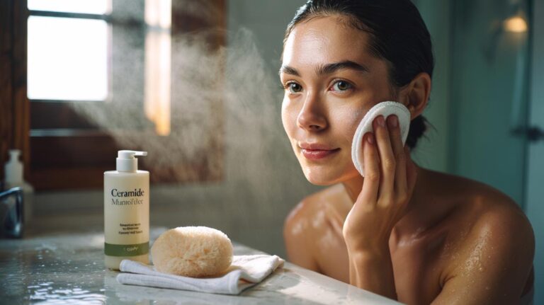 Illustration of a person gently buffing their face with a soft microfiber cloth to exfoliate without irritation