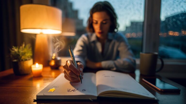 Illustration of a person writing one daily win in a journal to anchor gratitude and stabilise emotions