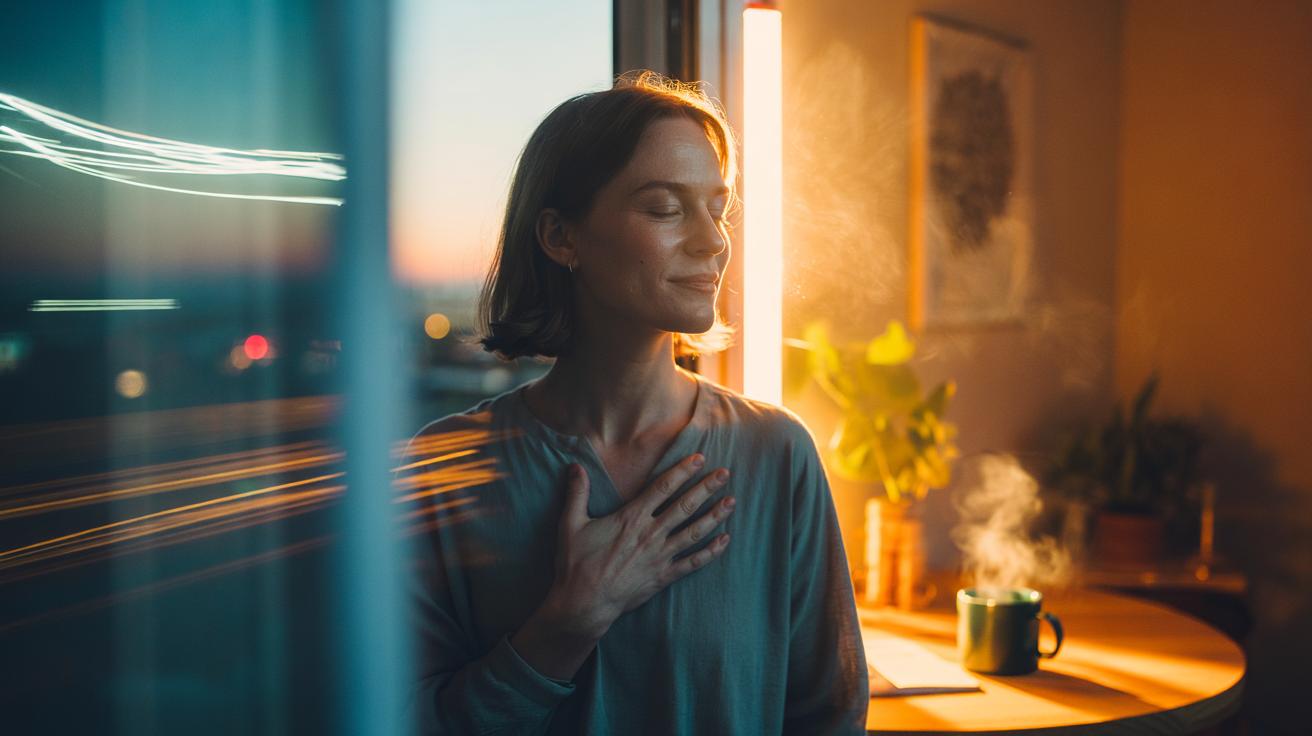 Illustration of a person practicing gratitude to shift attention, strengthening resilience and emotional balance.