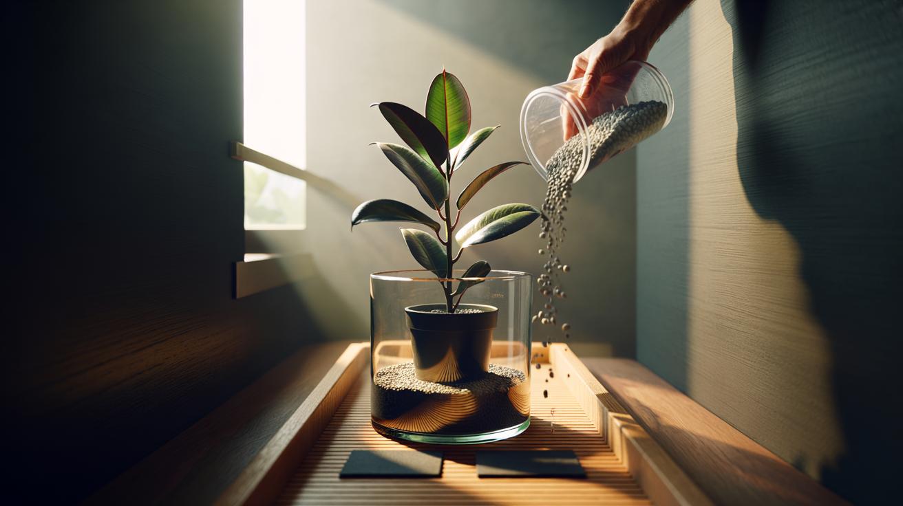 Illustration of the gravel-bottom trick adding weight at the pot base to keep a tall houseplant stable on a shelf