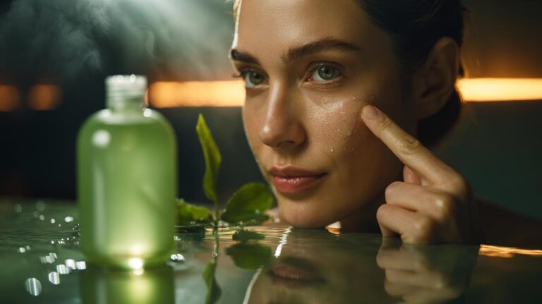 Illustration of applying a green tea toner rich in antioxidants to tighten the look of pores without drying the skin