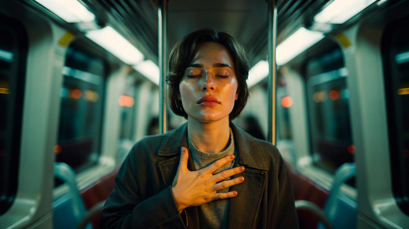 Illustration of a person placing a hand over their heart while lengthening the exhale to calm panic