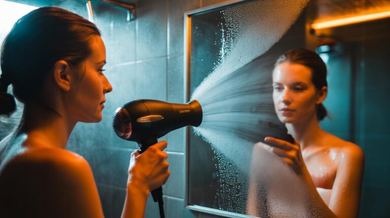 Illustration of a person using a hairdryer to defog a steamed bathroom mirror