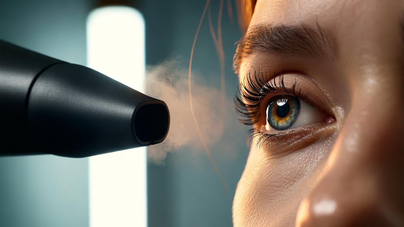 Illustration of a hairdryer on low heat gently setting mascara on curled eyelashes