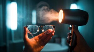 Illustration of a hairdryer blowing warm air to clear condensation from foggy glasses