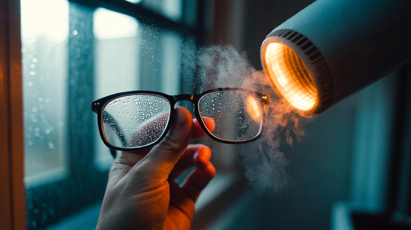 Illustration of a hairdryer blowing warm air to remove condensation from foggy glasses