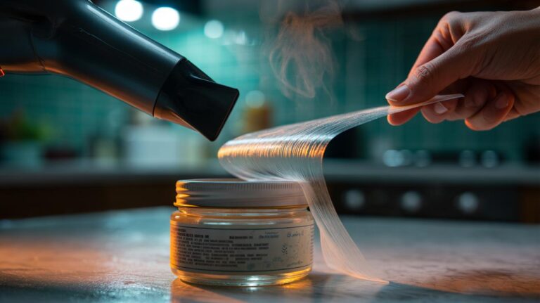 Illustration of a hairdryer applying heat to a sticker so the adhesive releases and it peels off cleanly