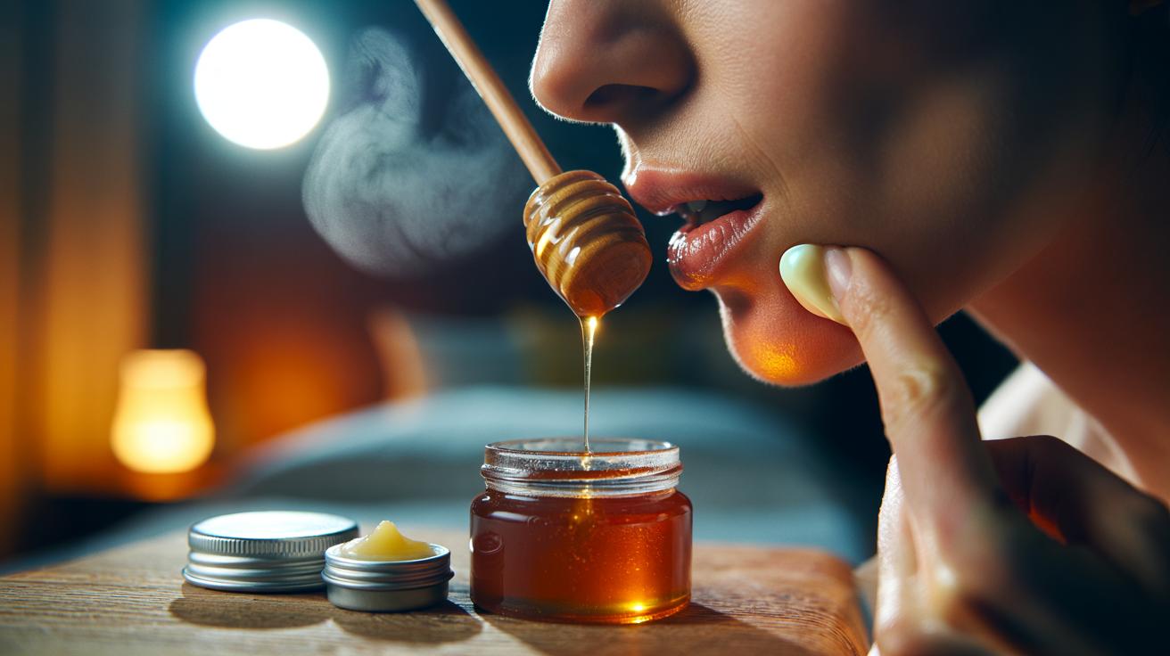 Illustration of a person applying a honey lip mask at bedtime to heal cracked lips, with a jar of honey and an occlusive balm that locks in moisture