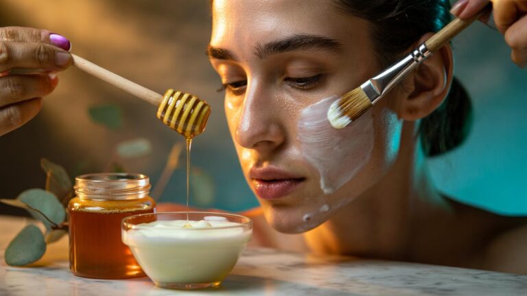 Illustration of a honey and live-culture yogurt face mask being applied to acne-prone skin