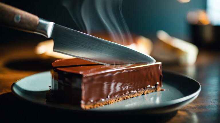 Illustration of a hot knife slicing a cake into neat, crumb-free slices, with warmth preventing sticking