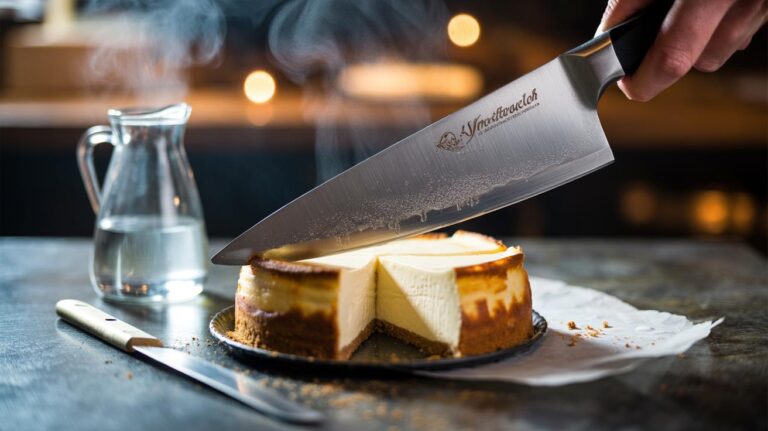 Illustration of a heated knife slicing a chilled cheesecake into clean wedges, preventing sticking and cracks
