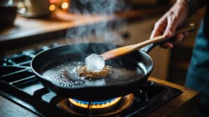 Illustration of a hot cast iron skillet as an ice cube melts and releases steam to lift stuck food while a wooden spatula scrapes