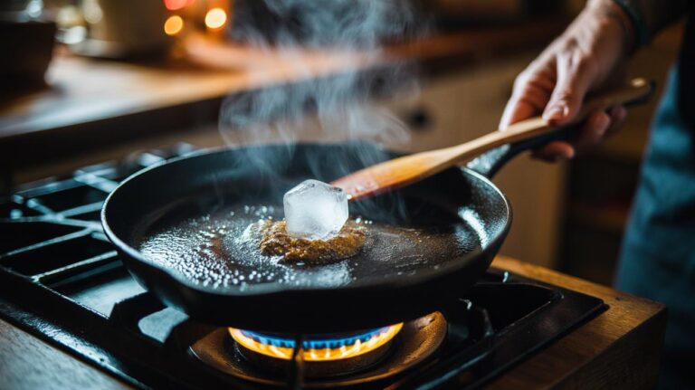 Illustration of a hot cast iron skillet as an ice cube melts and releases steam to lift stuck food while a wooden spatula scrapes