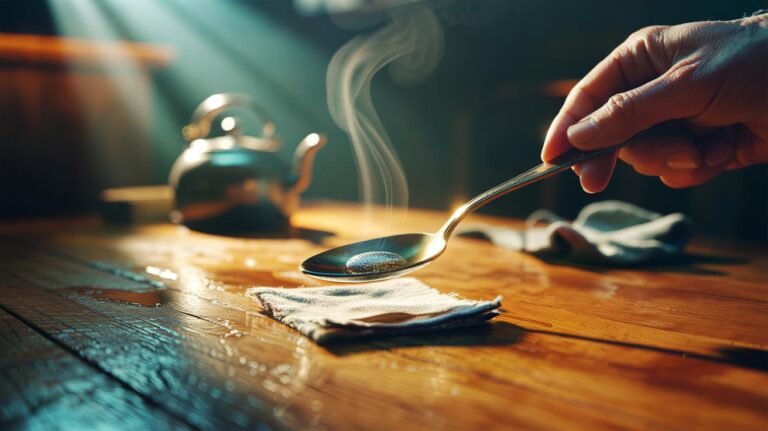 Illustration of the hot spoon trick removing a dent from wood by applying steam with a heated spoon and a damp cloth to gently raise crushed fibres