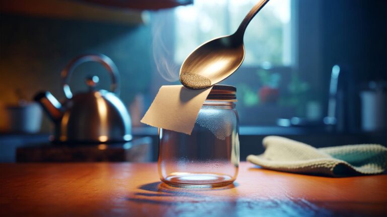 Illustration of [a heated spoon pressed onto a sticker on a glass jar, using gentle heat to melt adhesive and remove residue without damage]