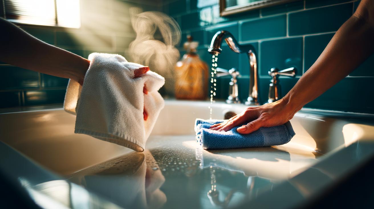 Illustration of a hot, damp towel draped over a soap-scummed shower screen, using steam to soften residue for easy wiping