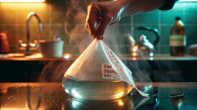 Illustration of a cloth soaked in hot white vinegar pressed over a price sticker, softening adhesive for clean, residue-free removal