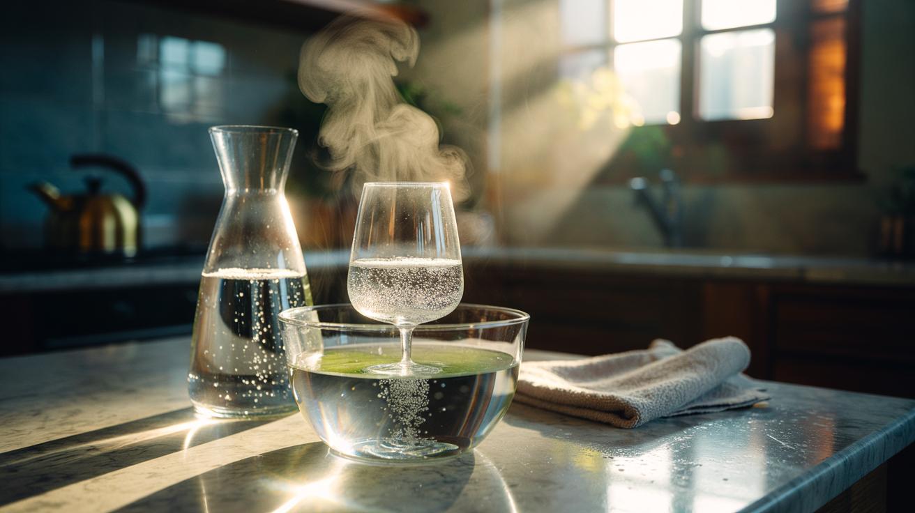 Illustration of cloudy glassware soaking in hot white vinegar, with fizzing bubbles dissolving mineral buildup to restore clarity