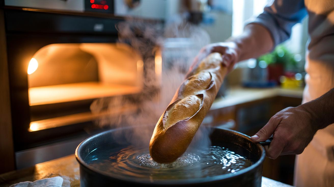 Illustration of a stale loaf being dipped in hot water and baked with steam to restore a crisp crust