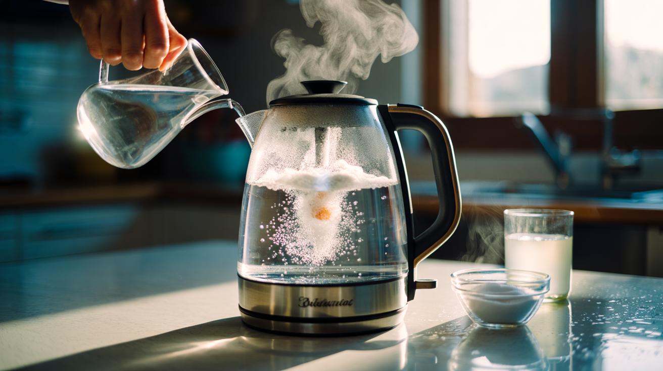Illustration of a kettle being descaled as hot water and bicarbonate of soda react and fizz to lift limescale