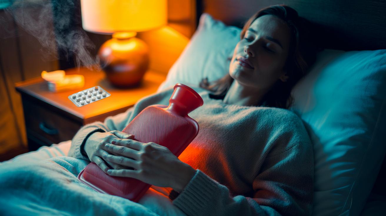 Illustration of a hot water bottle placed on the lower abdomen to ease cramps by relaxing muscles faster than pills