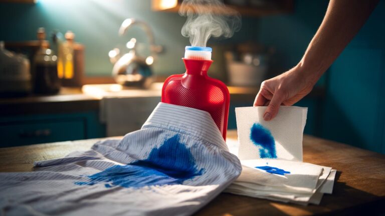 Illustration of a hot water bottle warming the reverse side of an ink-stained shirt while white paper towels blot the loosened ink before washing