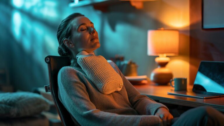 Illustration of a person using a hot water bottle on the back of the neck to relax stiff muscles and ease pain