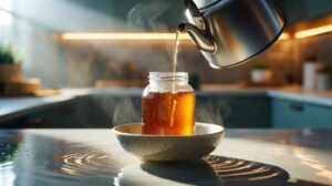 Illustration of a glass jar of crystallised honey standing in a bowl while hot water is poured from a kettle to gently warm and liquefy it
