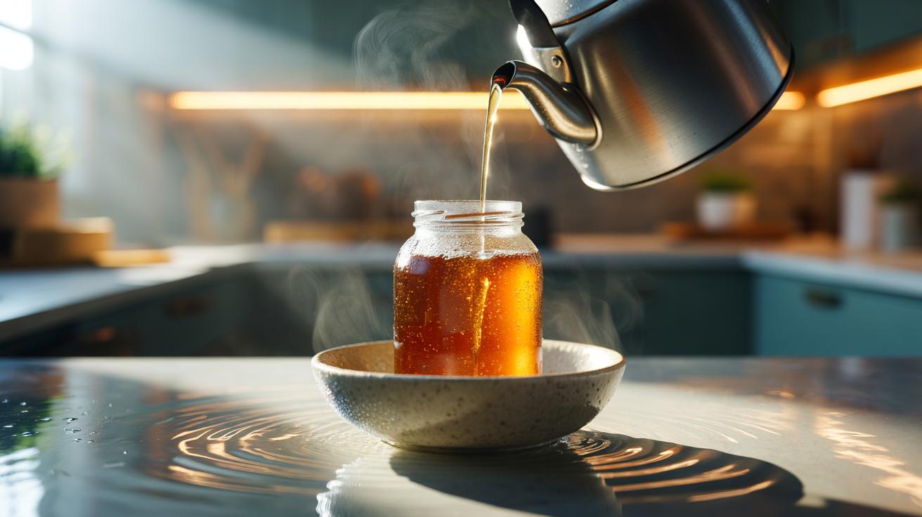 Illustration of a glass jar of crystallised honey standing in a bowl while hot water is poured from a kettle to gently warm and liquefy it