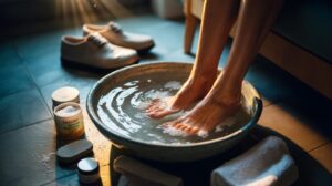 Illustration of feet soaking in a warm salt water basin to ease aches and soften skin