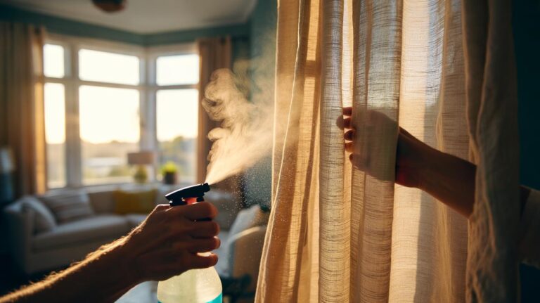 Illustration of a person using a hot-water spray to smooth wrinkled curtains with gentle heat