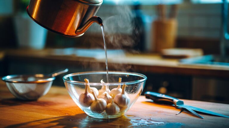 Illustration of hot water being poured over garlic cloves in a bowl, loosening the papery skins with rising steam