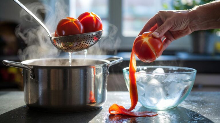 Illustration of tomatoes scored with an X being blanched in boiling water, shocked in an ice bath, and peeled easily