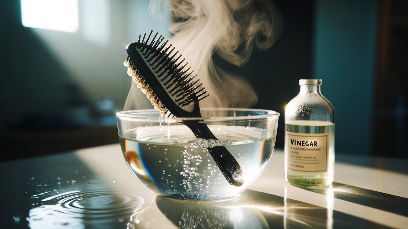 Illustration of a hairbrush soaking in a bowl of hot water and white vinegar to dissolve product buildup