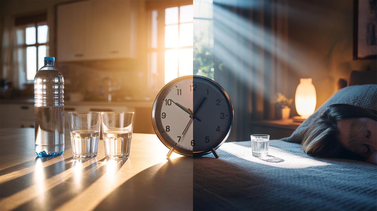 Illustration of spacing fluid intake across the day, with an evening taper, to reduce nighttime awakenings and improve sleep