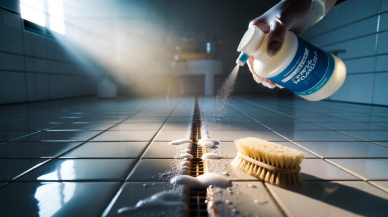 Illustration of a hydrogen peroxide spray whitening tile grout lines, with oxygen bubbles lifting hidden stains