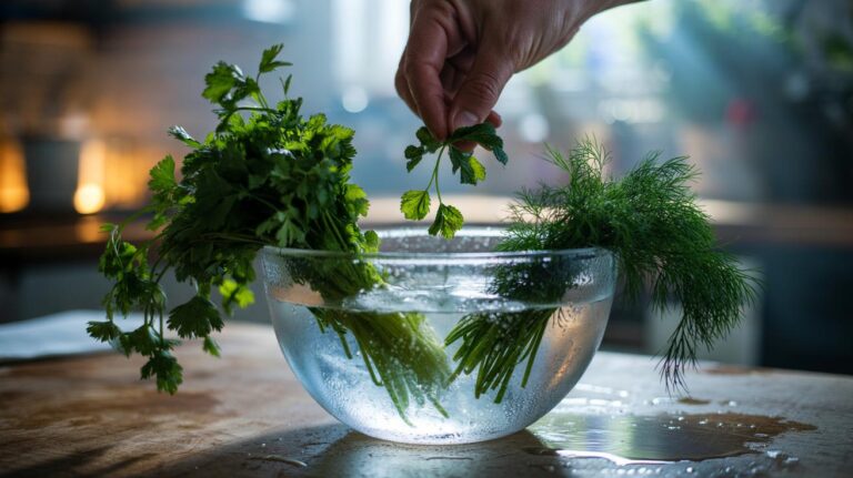Illustration of herbs submerged in an ice bath to revive wilting leaves and keep them fresh for up to two weeks