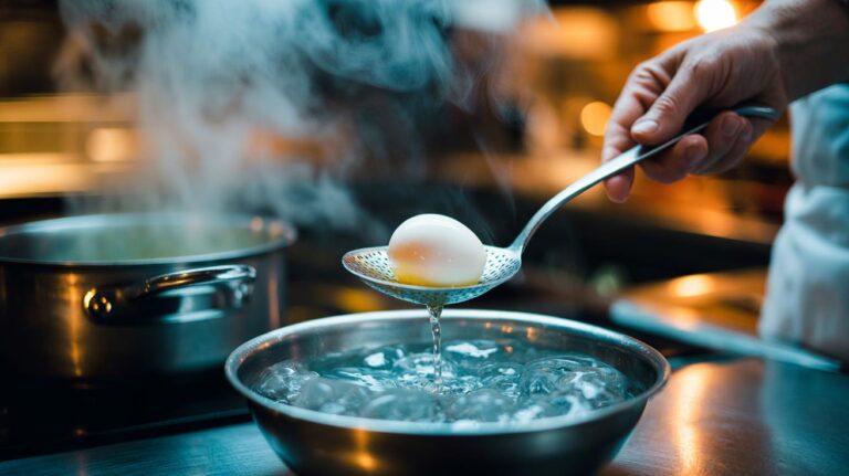 Illustration of a poached egg being plunged into an ice bath to set its round shape instantly