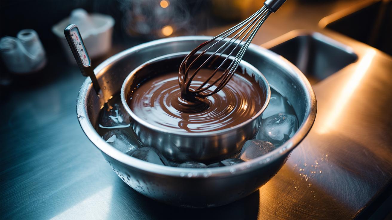 Illustration of an ice bath cooling a bowl of chocolate ganache to prevent splitting