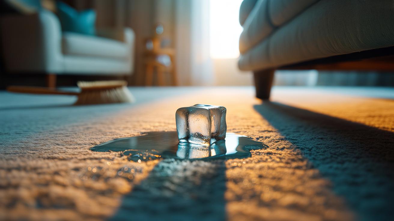 Illustration of an ice cube melting on a carpet dent to lift crushed fibres