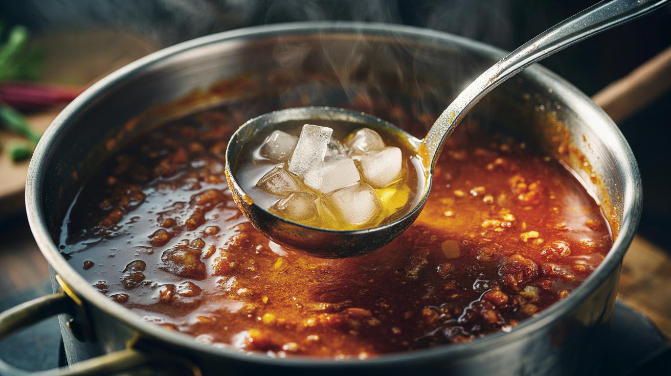 Illustration of a stainless-steel ladle holding an ice cube skimming solidified grease from the surface of a simmering Bolognese sauce
