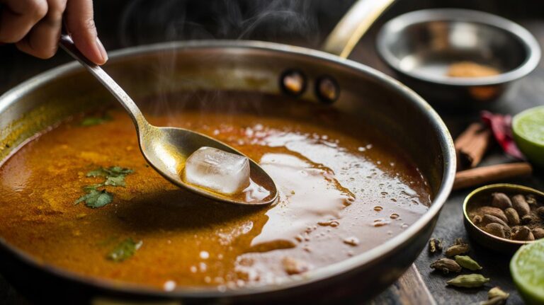 Illustration of an ice cube being glided across the surface of a curry to cool it, dilute bitterness, and lift scorched flavours