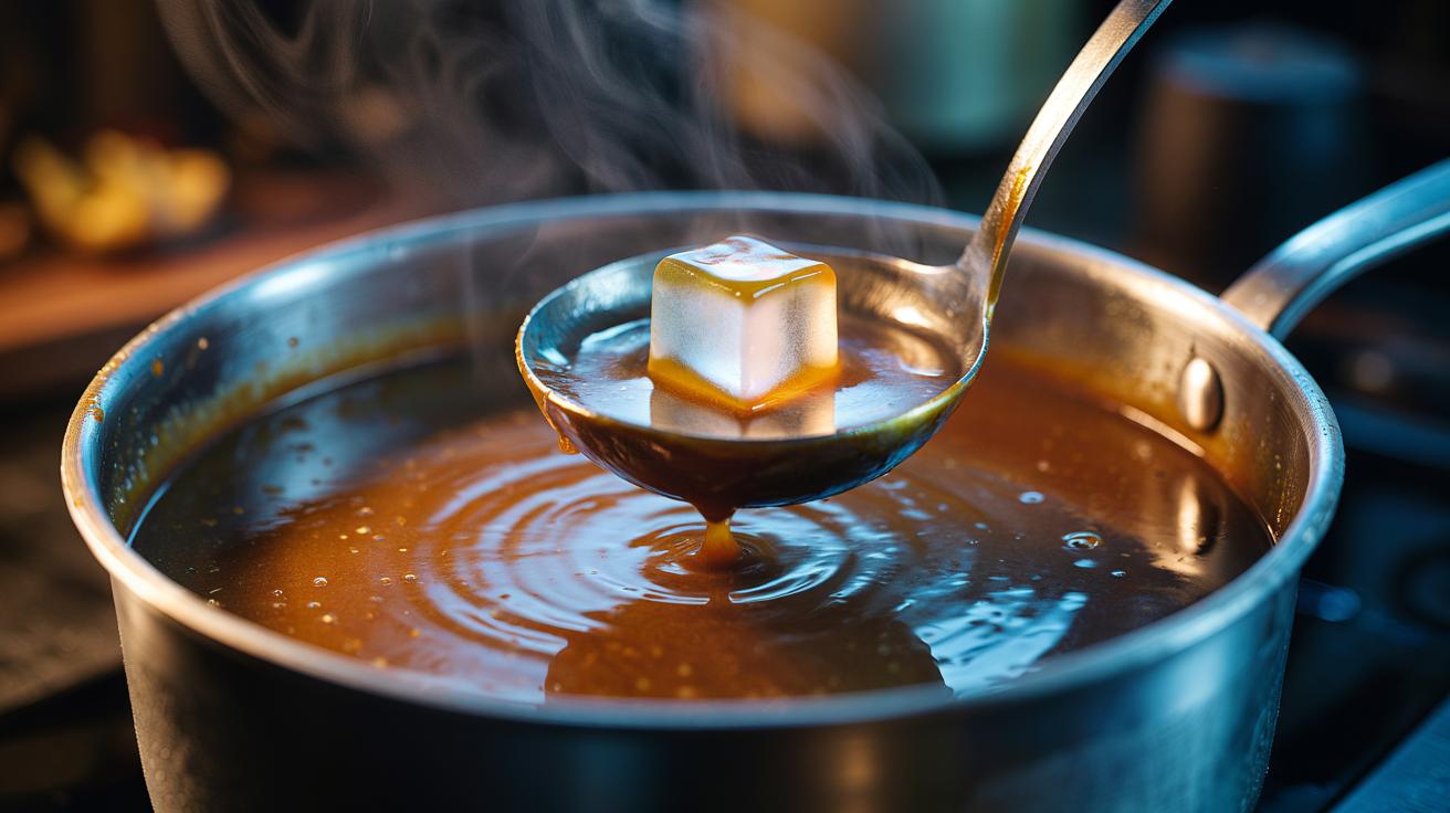 Illustration of an ice cube in a ladle gliding over hot gravy to solidify and lift excess fat