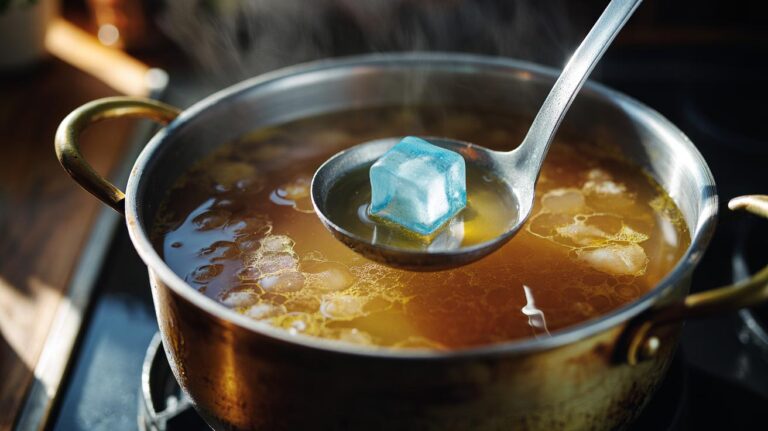 Illustration of a ladle holding an ice cube chilling the surface of hot soup to congeal and lift excess fat