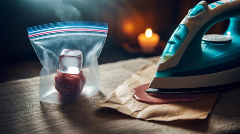 Illustration of an ice cube and a dry iron removing candle wax from fabric using absorbent paper