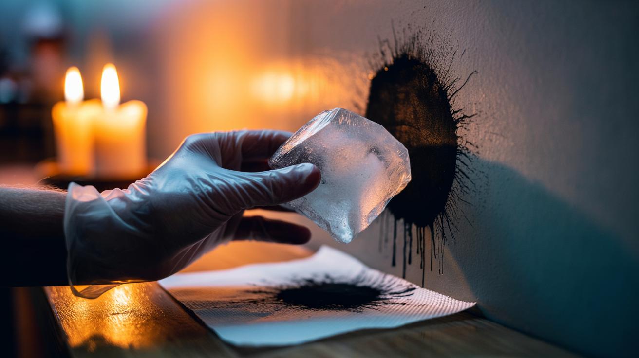 Illustration of the ice-cube method lifting candle soot stains by freezing, with an ice cube wrapped in plastic pressed against a soot mark so residue flakes cleanly from a painted wall