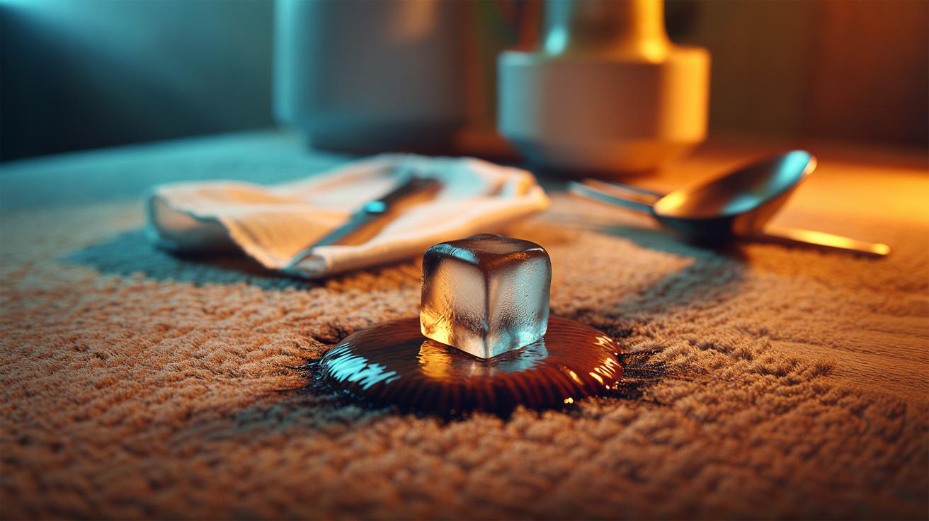 Illustration of an ice cube applied to a small carpet burn to shrink damage and lift scorched fibres before cutting